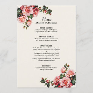 Elegant pink and red roses floral wedding menu