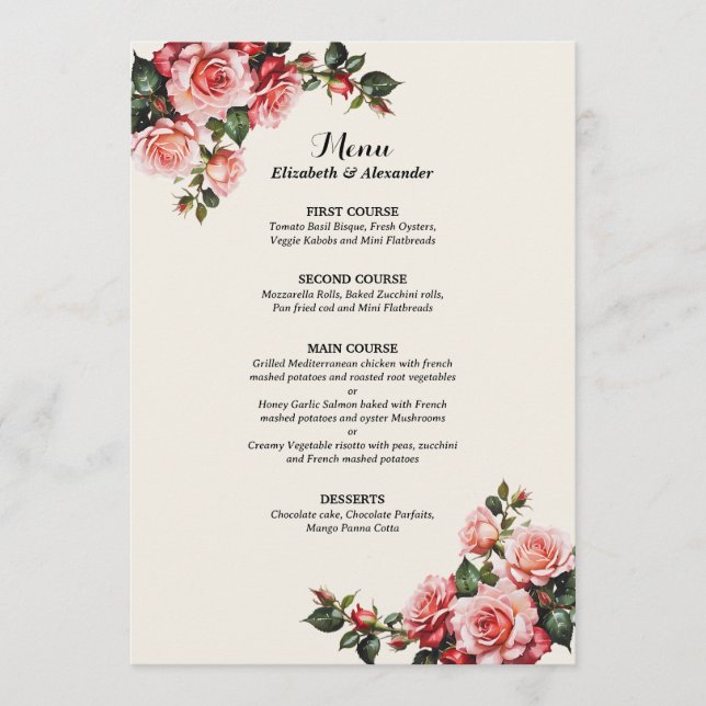 Elegant pink and red roses floral wedding menu (Front)