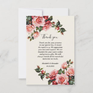 Elegant pink and red roses floral wedding thank you card