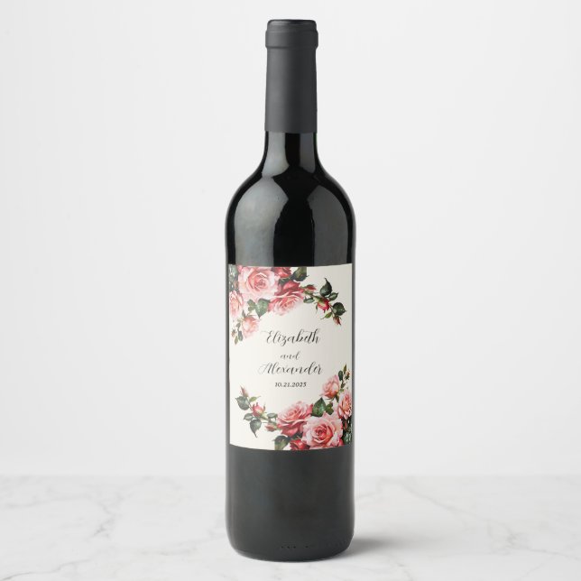 Elegant pink and red roses floral wedding wine label (Front)