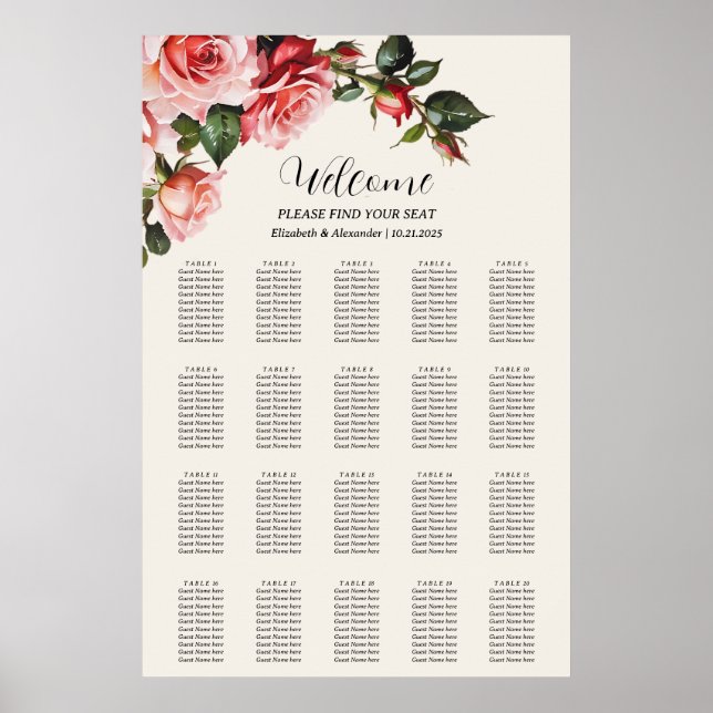 Elegant pink and red roses wedding seating chart (Front)
