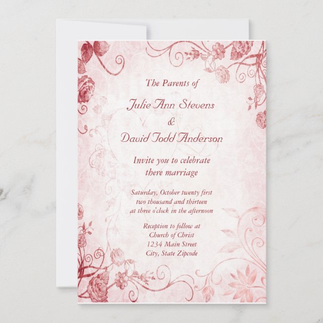 Elegant Pink and Red Vintage Wedding Invitation (Front)