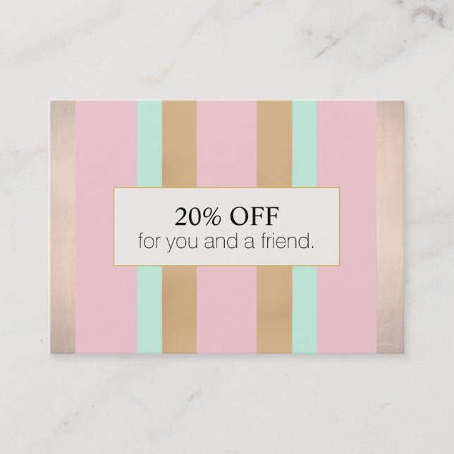 Elegant Pink and Rose Gold Striped Salon Referral Card (Front)
