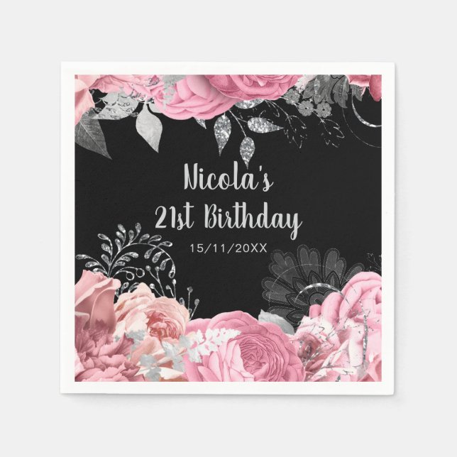Elegant Pink and Silver Flowers Birthday Party Napkin (Front)
