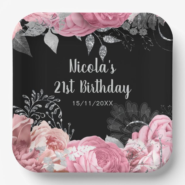Elegant Pink and Silver Flowers Birthday Party Paper Plate (Front)