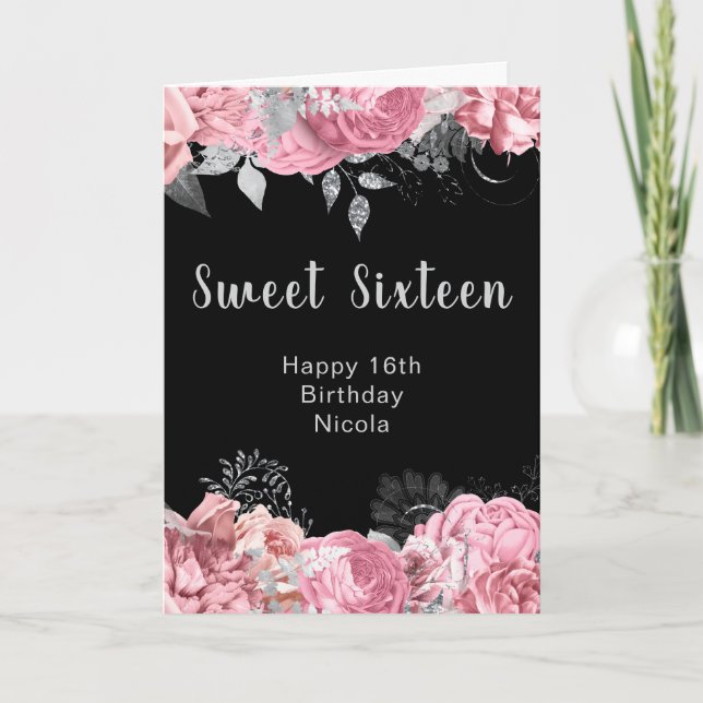Elegant Pink and Silver Flowers Sweet Sixteen Card (Front)