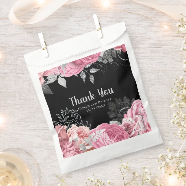 Elegant Pink and Silver Flowers Sweet Sixteen  Favour Bags (Clipped)