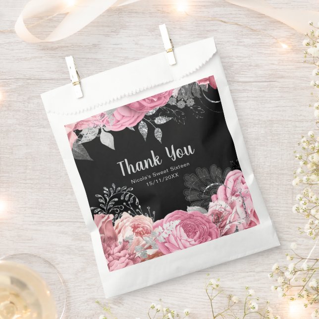 Elegant Pink and Silver Flowers Sweet Sixteen Favour Bags (Clipped)
