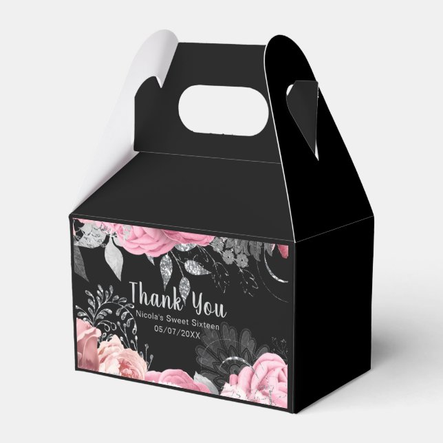 Elegant Pink and Silver Flowers Sweet Sixteen  Favour Box (Front Side)