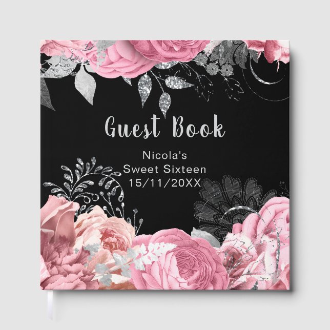Elegant Pink and Silver Flowers Sweet Sixteen Guest Book (Front)