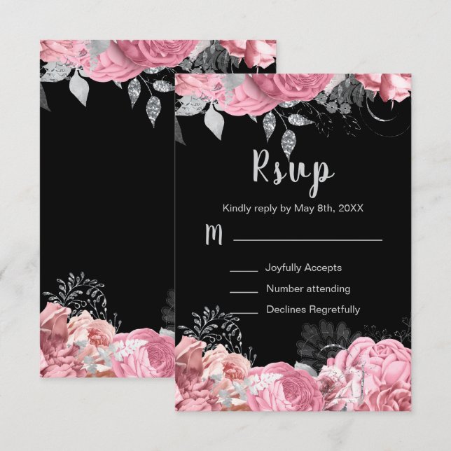 Elegant Pink and Silver Flowers Sweet Sixteen RSVP Card (Front/Back)