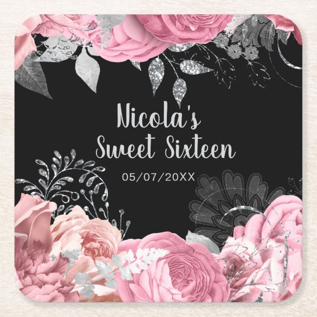 Elegant Pink and Silver Flowers Sweet Sixteen  Square Paper Coaster (Front)