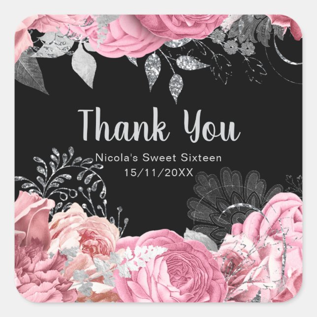 Elegant Pink and Silver Flowers Sweet Sixteen Square Sticker (Front)