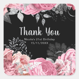 Elegant Pink and Silver Flowers Sweet Sixteen  Square Sticker