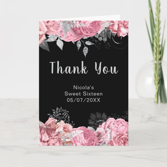 Elegant Pink and Silver Flowers Sweet Sixteen Thank You Card (Front)