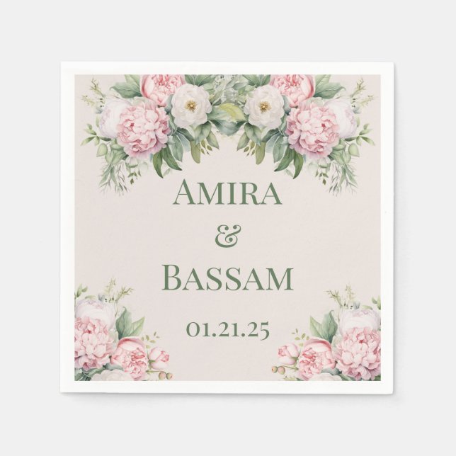 Elegant Pink and White Floral Muslim Wedding Napkin (Front)