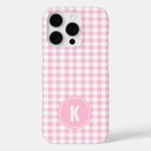 Elegant Pink and White Gingham Pattern Monogram iPhone 16 Pro Case
