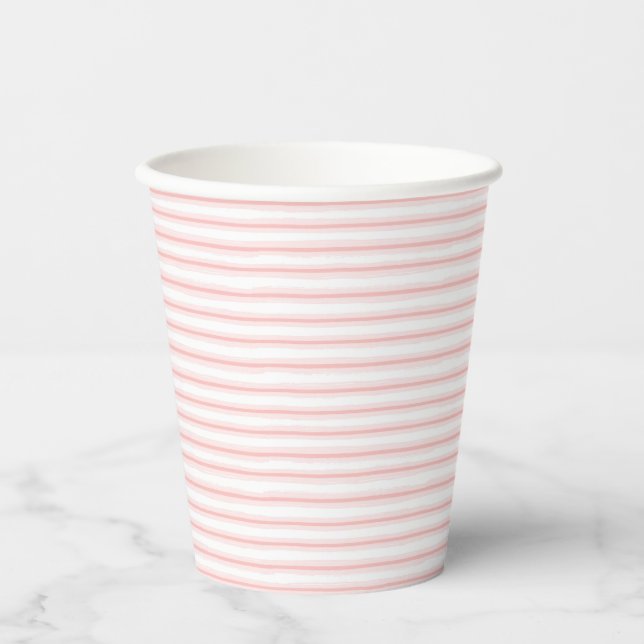 Elegant Pink and White Horizontal Stripes Pattern Paper Cups (Front)
