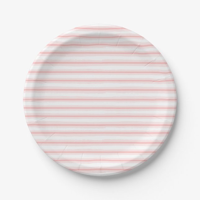Elegant Pink and White Horizontal Stripes Pattern Paper Plate (Front)