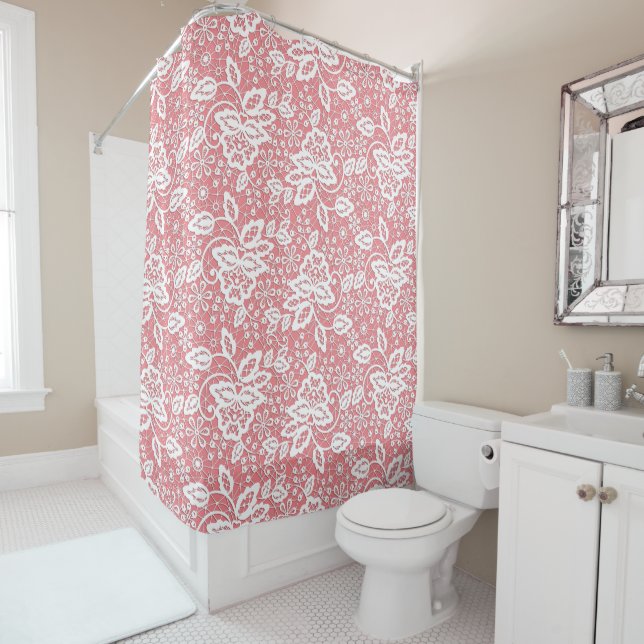 ELEGANT PINK AND WHITE LACE SHOWER CURTAIN (In Situ)