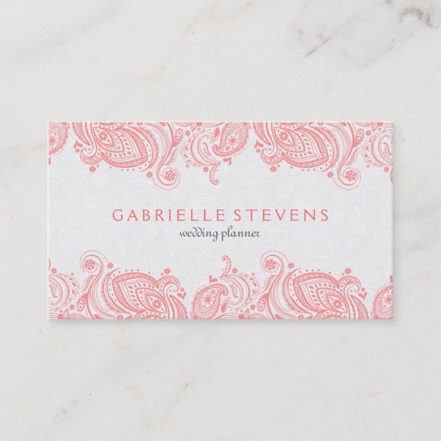 Elegant Pink And White Paisley Lace Business Card (Front)