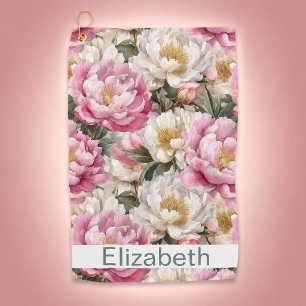 Elegant Pink and White Peony Personalised Golf Towel