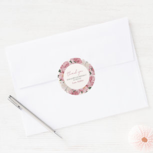 Elegant Pink and White Rose Floral Thank You Favor Classic Round Sticker