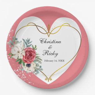 Elegant Pink And White Rose Wedding  Paper Plate