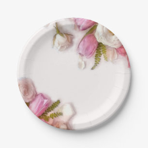 Elegant Pink and White Spring Floral Watercolor Paper Plate