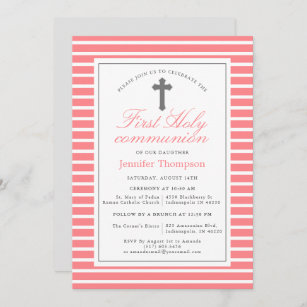 Elegant Pink and White Stripes First Communion Invitation
