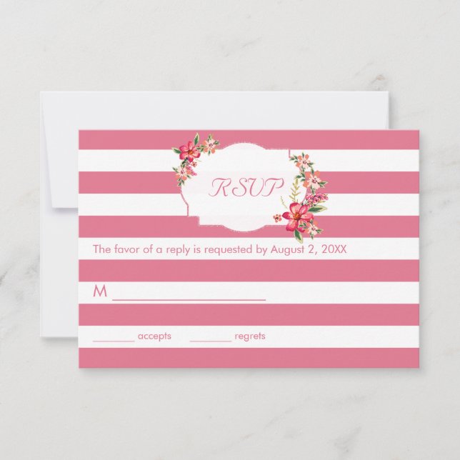 Elegant Pink And White Stripes With Bouquet- RSVP Card (Front)