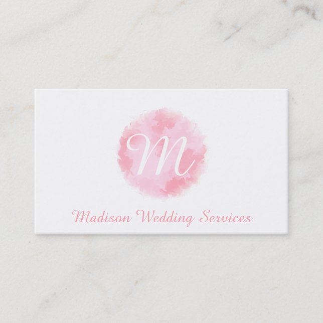 Elegant Pink and White Watercolour Monogram Business Card (Front)