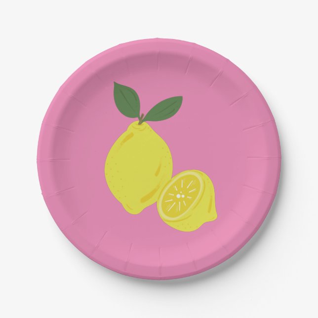 Elegant Pink and Yellow Lemon Party Paper Plate (Front)