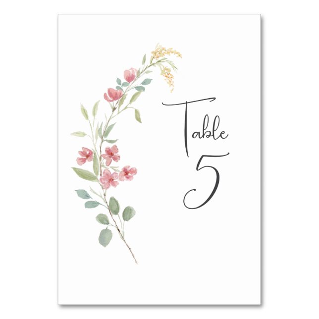 Elegant pink and Yellow Watercolor Wildflower  Table Number (Front)