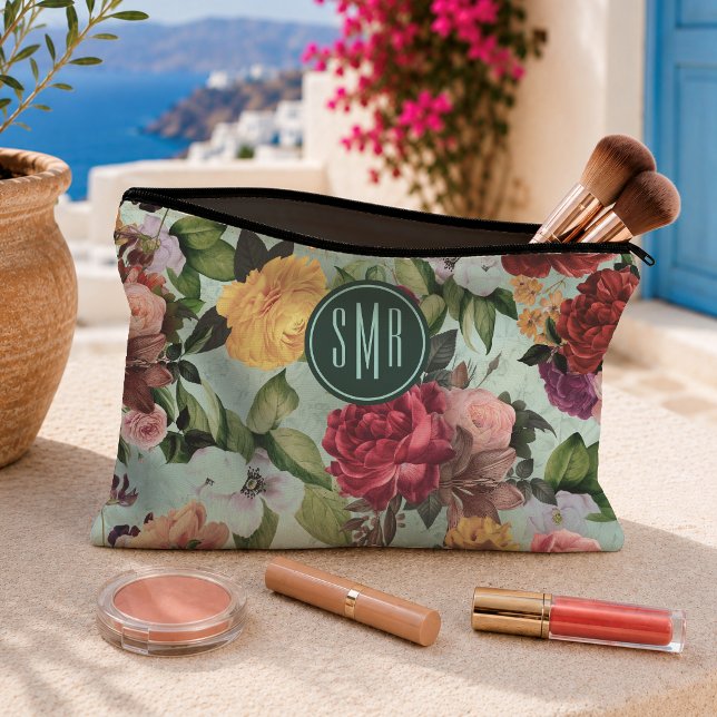 Elegant Pink Aqua Floral Pattern Monogram Accessory Pouch (Creator Uploaded)