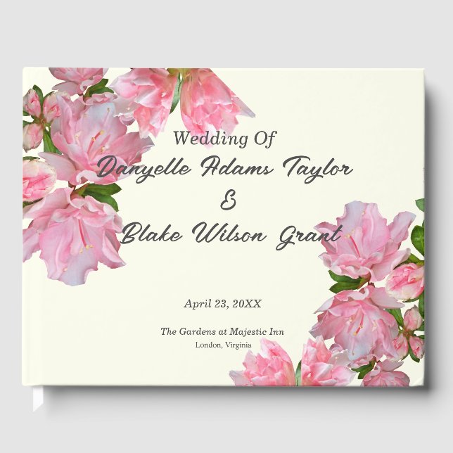 Elegant Pink Azaleas & Ivory Floral Wedding Guest Book (Front)