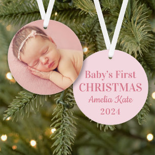 Elegant Pink Baby Girl First Christmas Photo Ornament