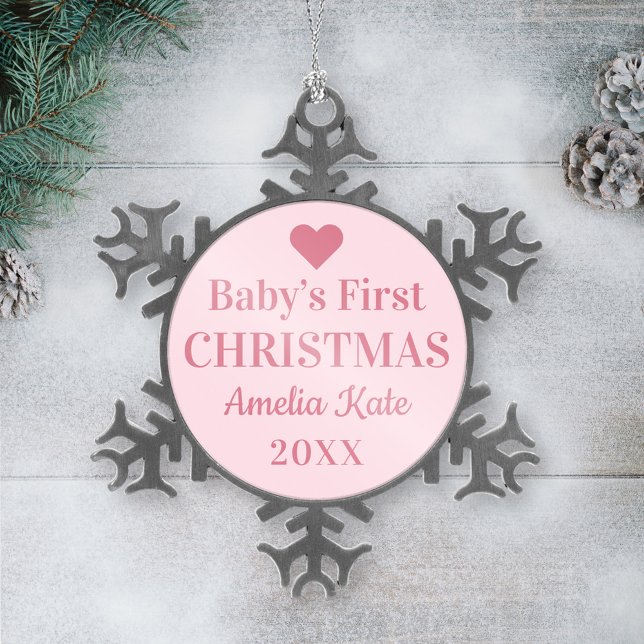 Elegant Pink Baby Girl First Christmas Snowflake Pewter Christmas Ornament (Creator Uploaded)