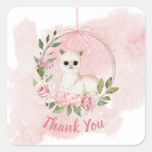 Elegant Pink Baby Girl Watercolor Script Thank You Square Sticker