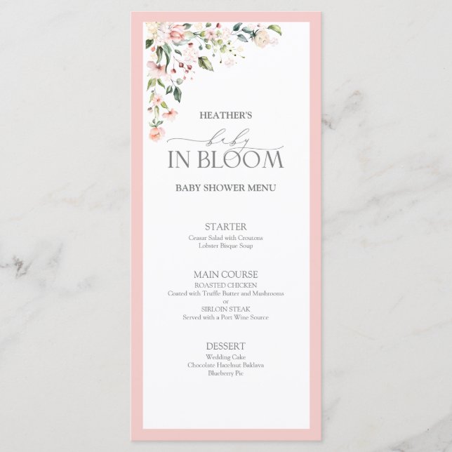 Elegant Pink Baby in Bloom Script Girl Baby Shower Menu (Front)