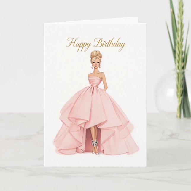 Elegant Pink Ball Gown Birthday Card for Her (Front)