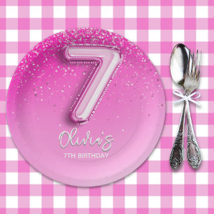 Elegant Pink Balloon Numbers 7th Birthday for Girl Paper Plate