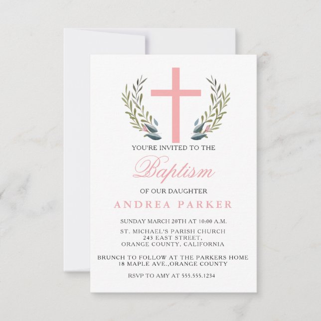 Elegant Pink Baptism/Christening Invitation (Front)