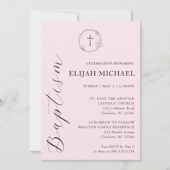 Elegant Pink Baptism Cross Wreath Invitation (Front)