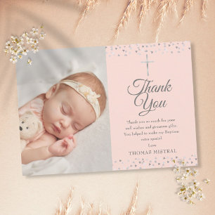 Elegant Pink Baptism Silver Hearts Photo Thank You Card