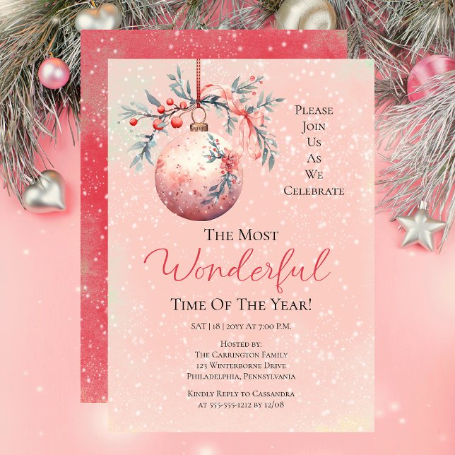Elegant Pink Bauble Most Wonderful Time Year Party Invitation (Elegant Pink Floral Bauble Most Wonderful Time Year Party Invitation)