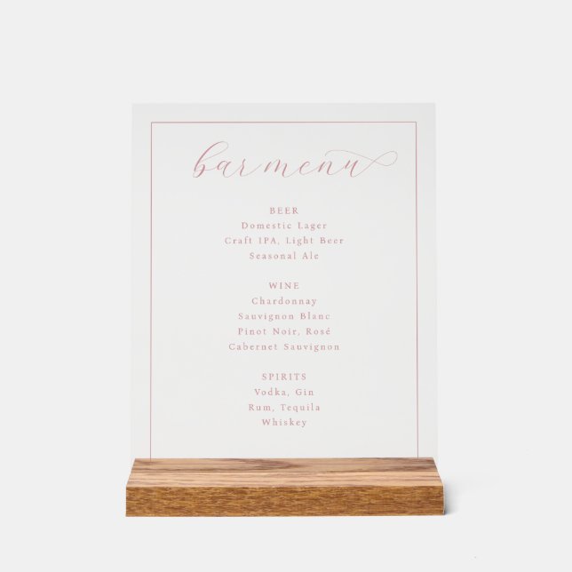 Elegant Pink Beige Bar Menu Sign (Front)