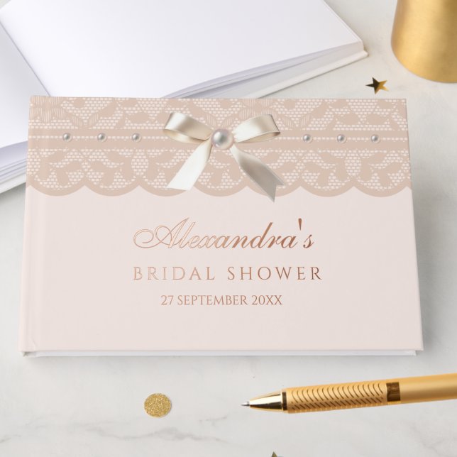 Elegant Pink Beige Bow Lace Bridal Shower Guest Book (Creator Uploaded)