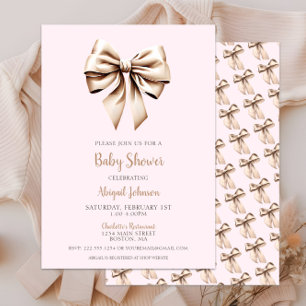 Elegant Pink Beige Coquette Bow Baby Shower Invitation
