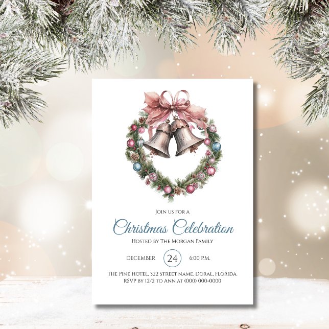 Elegant Pink Bell Wreath Christmas Celebration Invitation (Creator Uploaded)